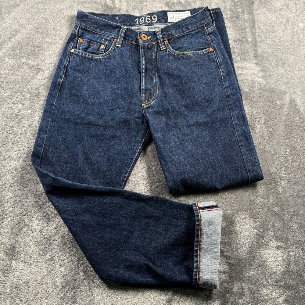 GAP 1969 Jeans Mens 30x30 Blue Selvedge Denim Button Fly Made in Italy Dark Wash